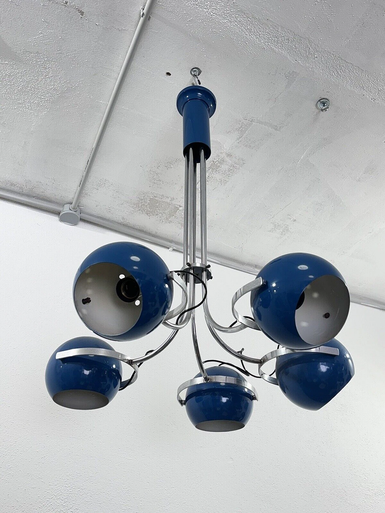 Lampadario Space Age a cinque luci in metallo smaltato blu, anni '70 9