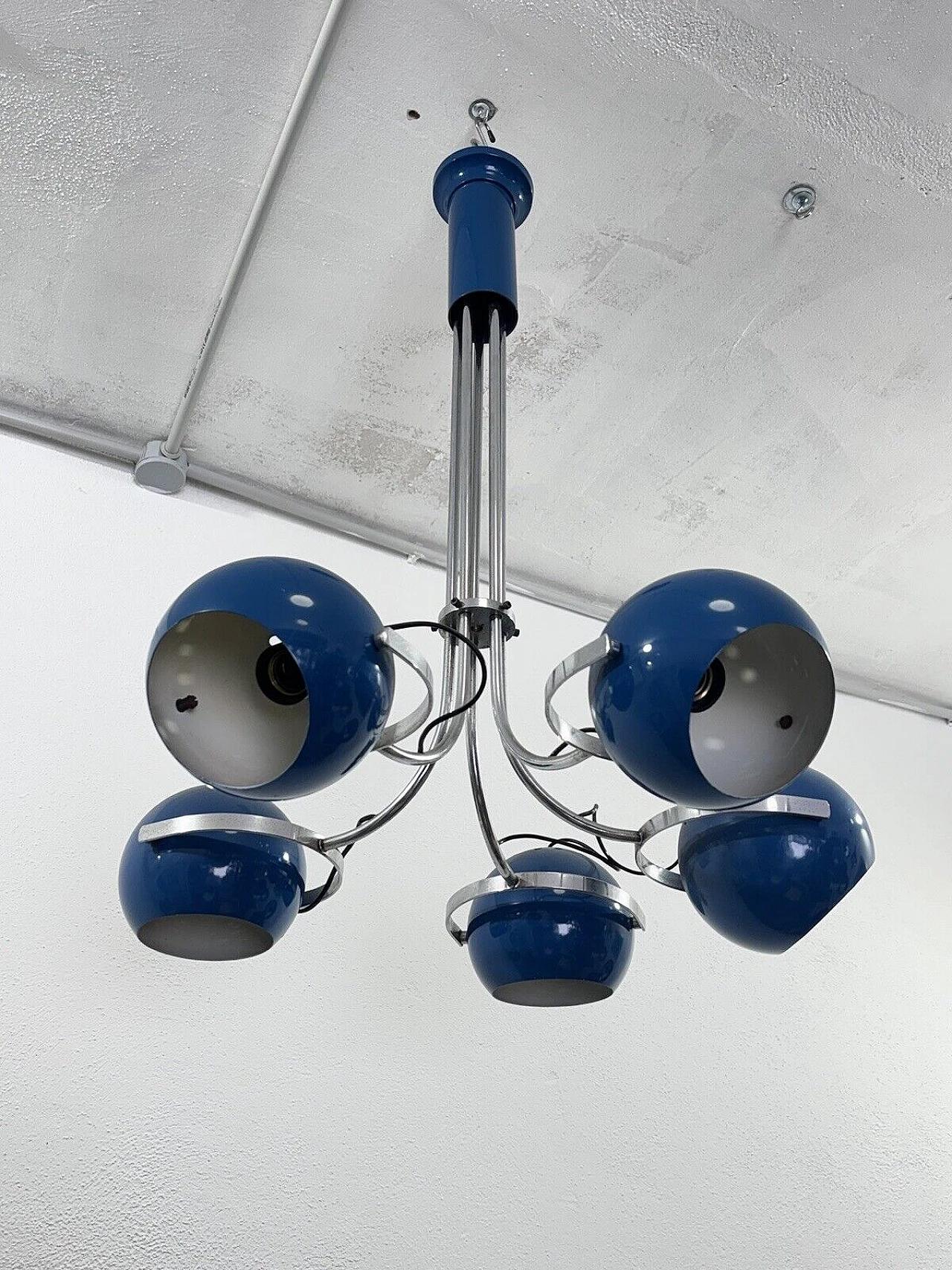 Lampadario Space Age a cinque luci in metallo smaltato blu, anni '70 10