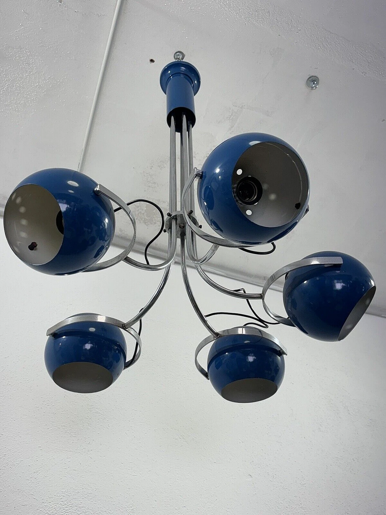 Lampadario Space Age a cinque luci in metallo smaltato blu, anni '70 11