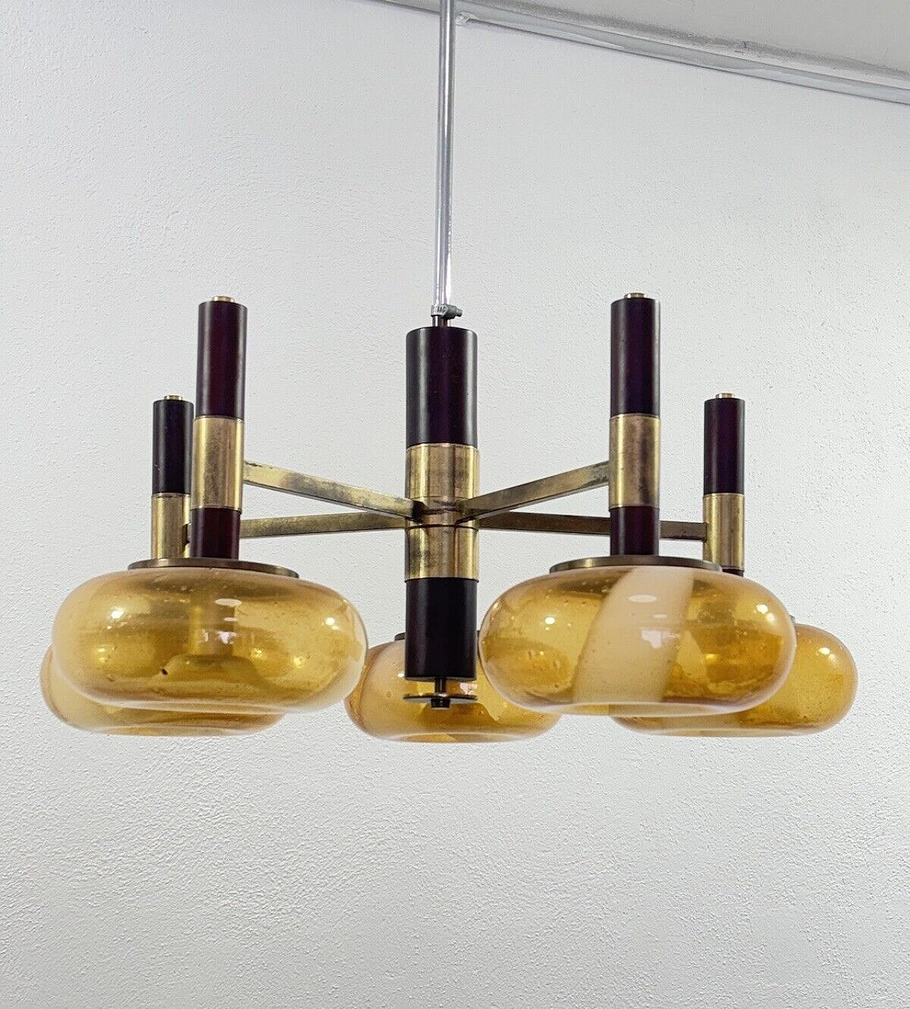 Space Age wood, brass and Murano glass chandelier, 1970s 1