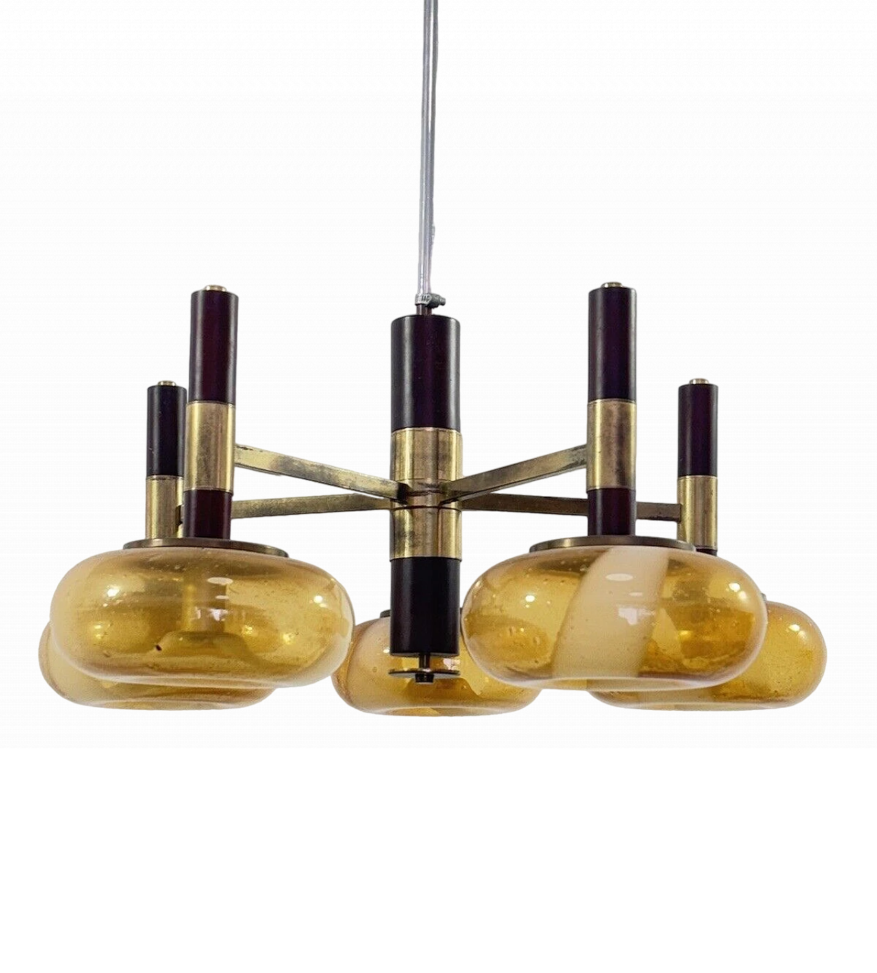 Space Age wood, brass and Murano glass chandelier, 1970s 2