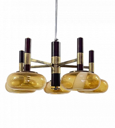 Space Age wood, brass and Murano glass chandelier, 1970s