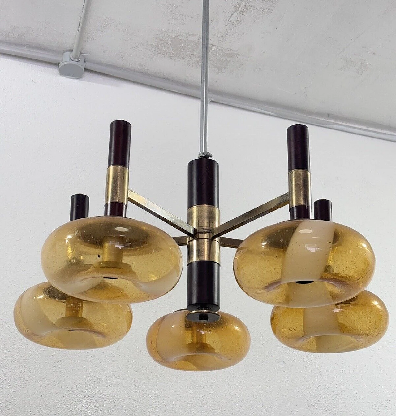 Space Age wood, brass and Murano glass chandelier, 1970s 3