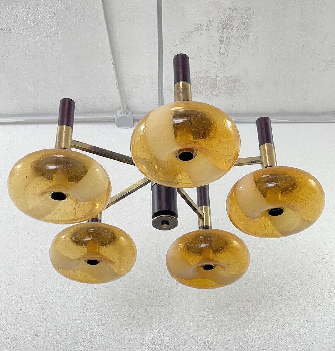 Space Age wood, brass and Murano glass chandelier, 1970s 4