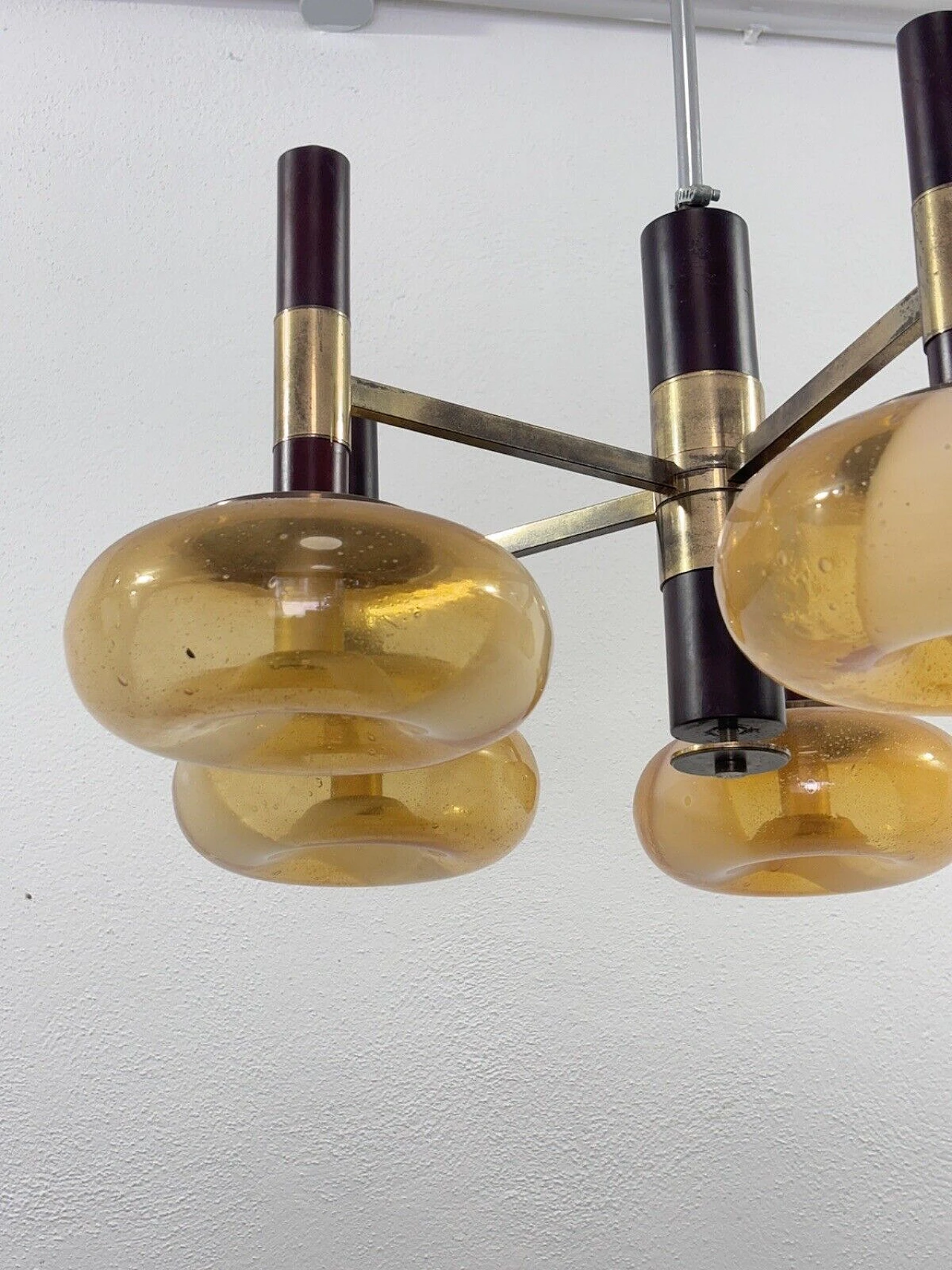 Space Age wood, brass and Murano glass chandelier, 1970s 5