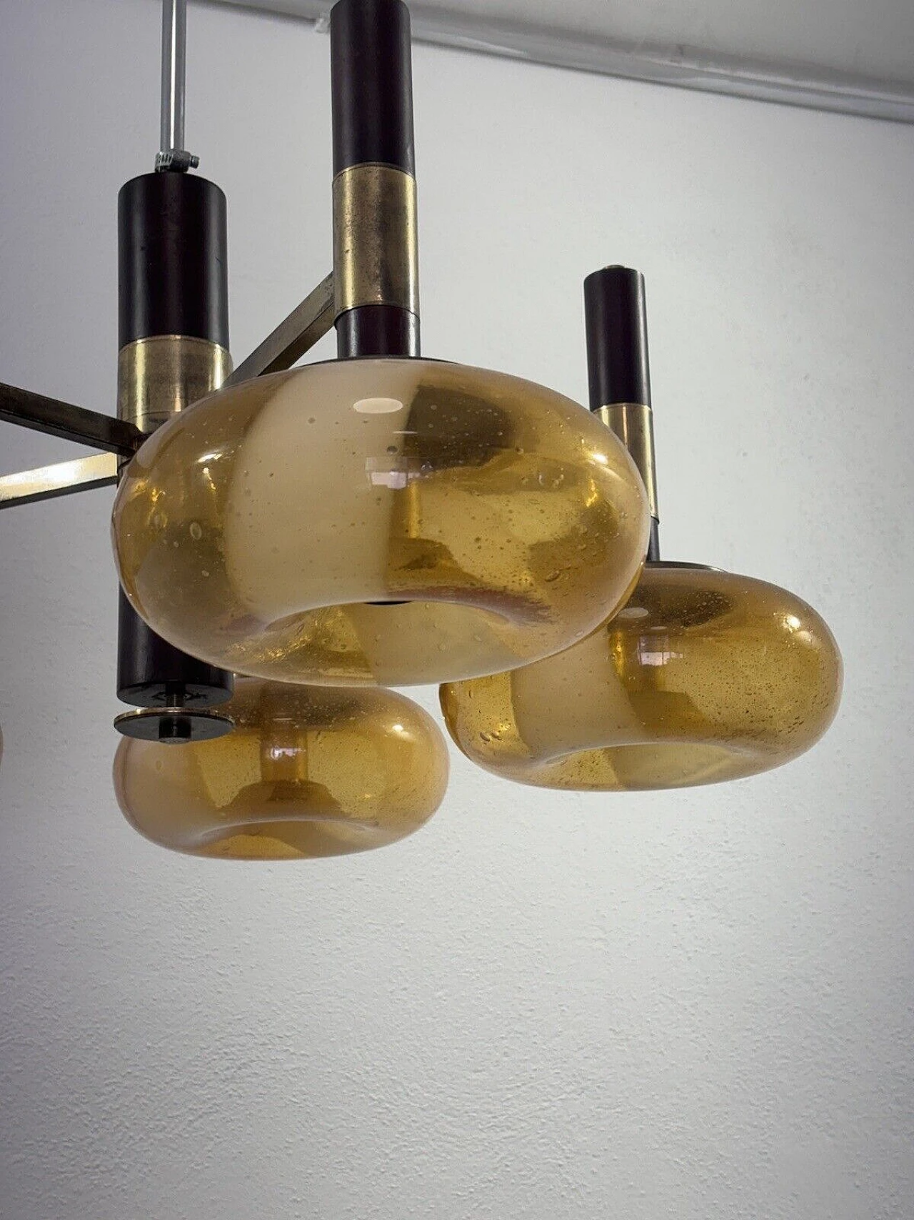 Space Age wood, brass and Murano glass chandelier, 1970s 6