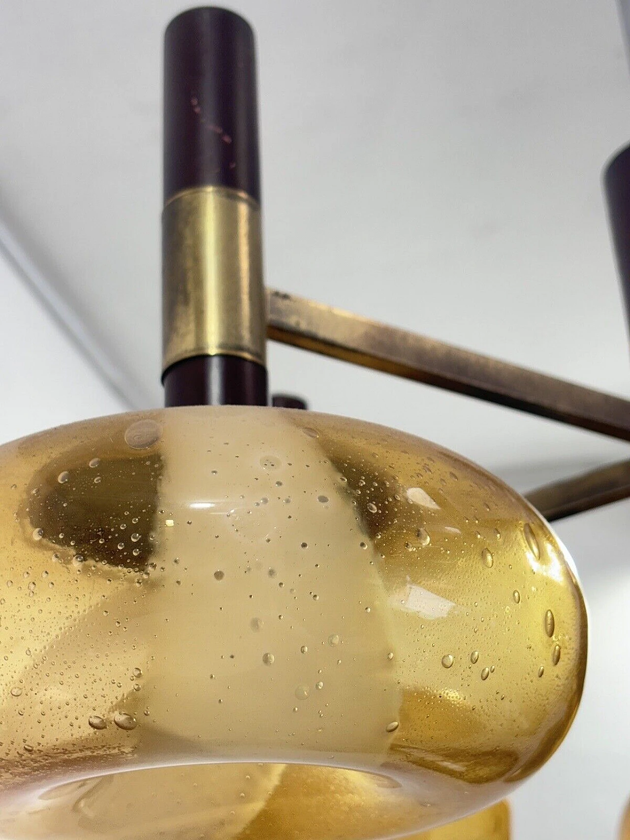 Lampadario Space Age in legno, ottone e vetro di Murano, anni '70 7