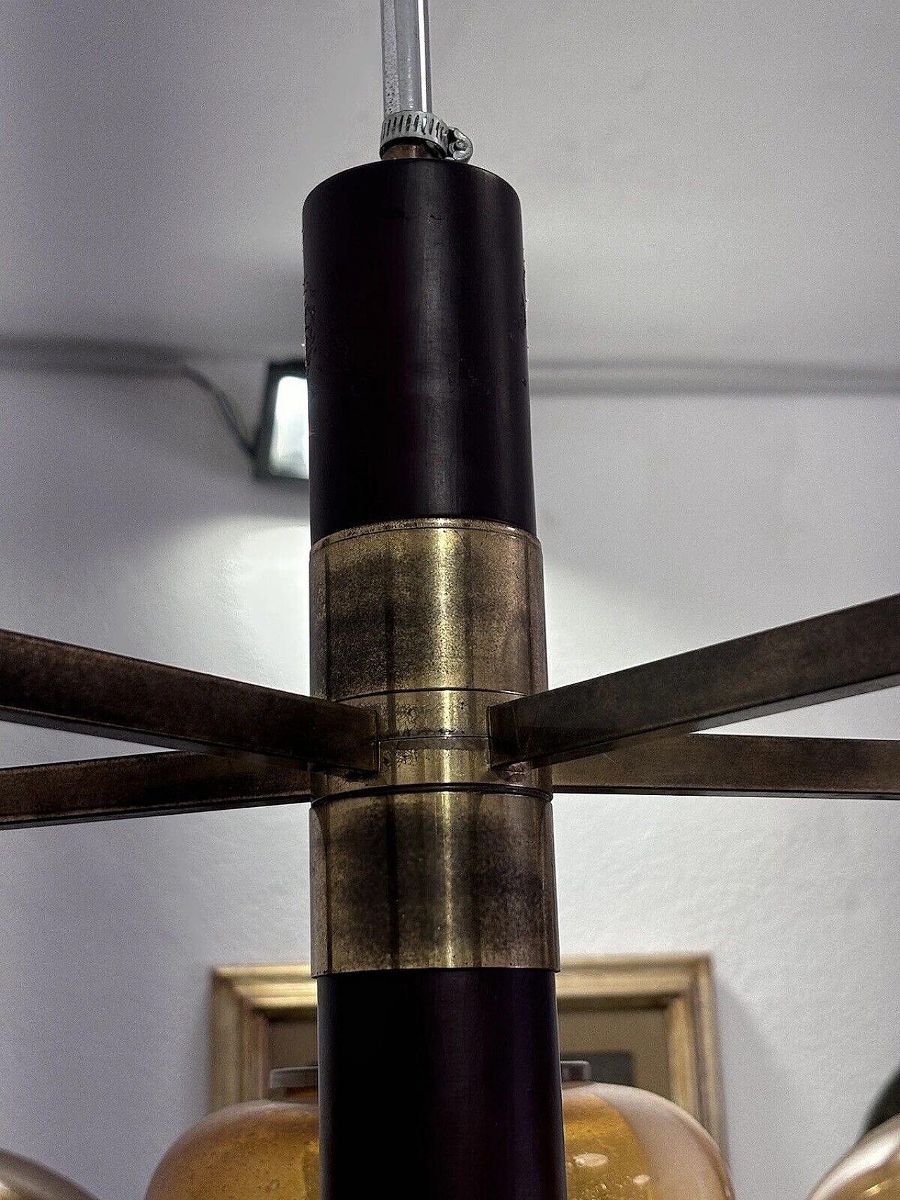 Lampadario Space Age in legno, ottone e vetro di Murano, anni '70 9