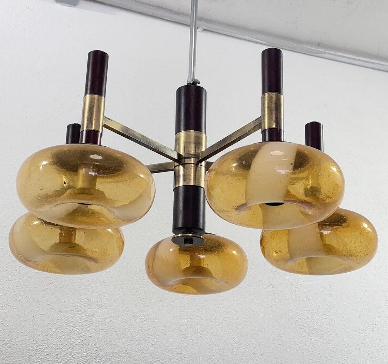 Space Age wood, brass and Murano glass chandelier, 1970s 10