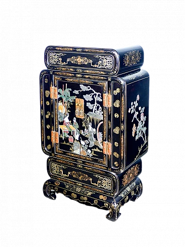 Chinese lacquered, painted and inlaid wood sideboard