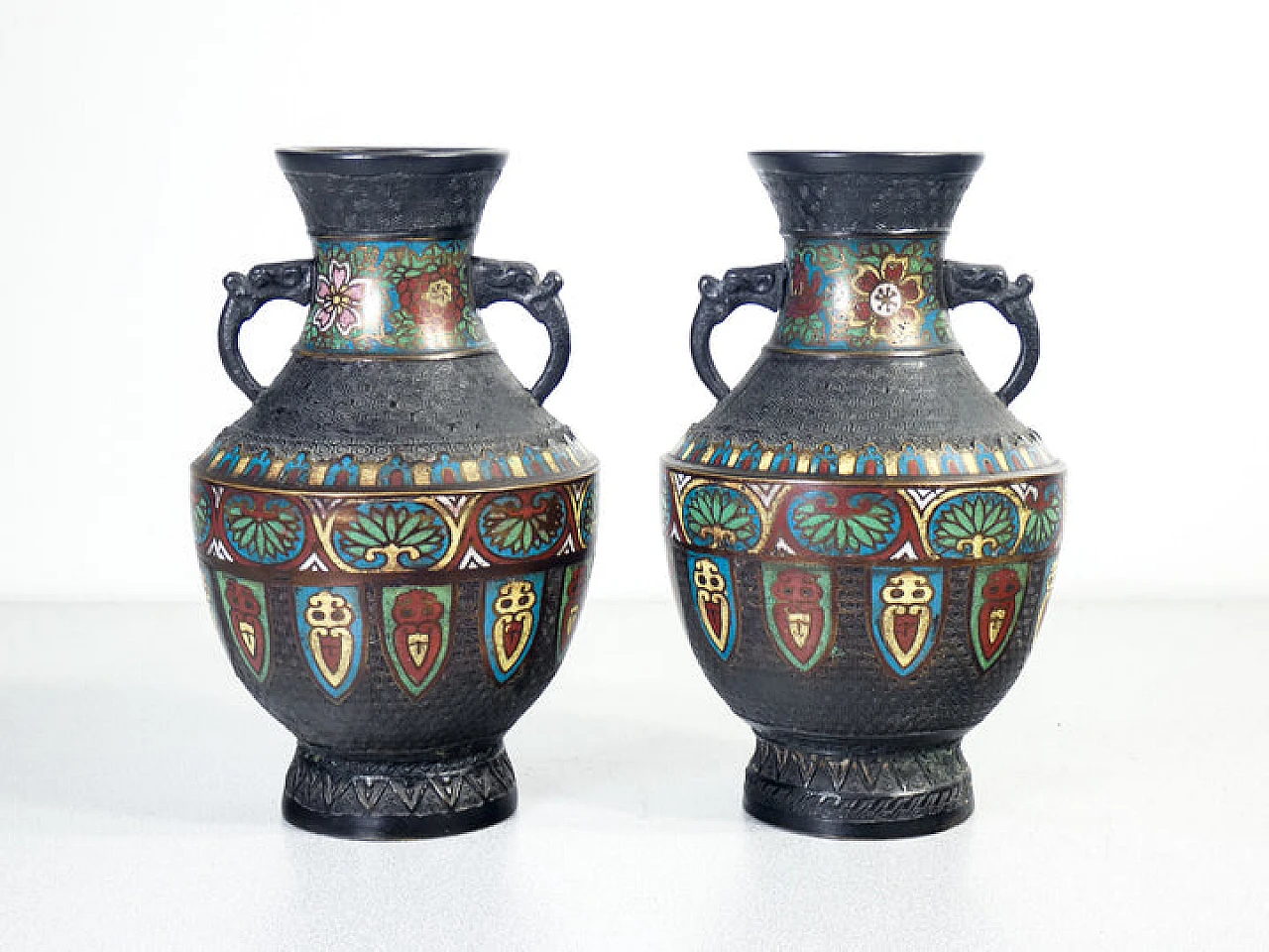 Pair of Japanese bronze and champlevé enamel vases 1