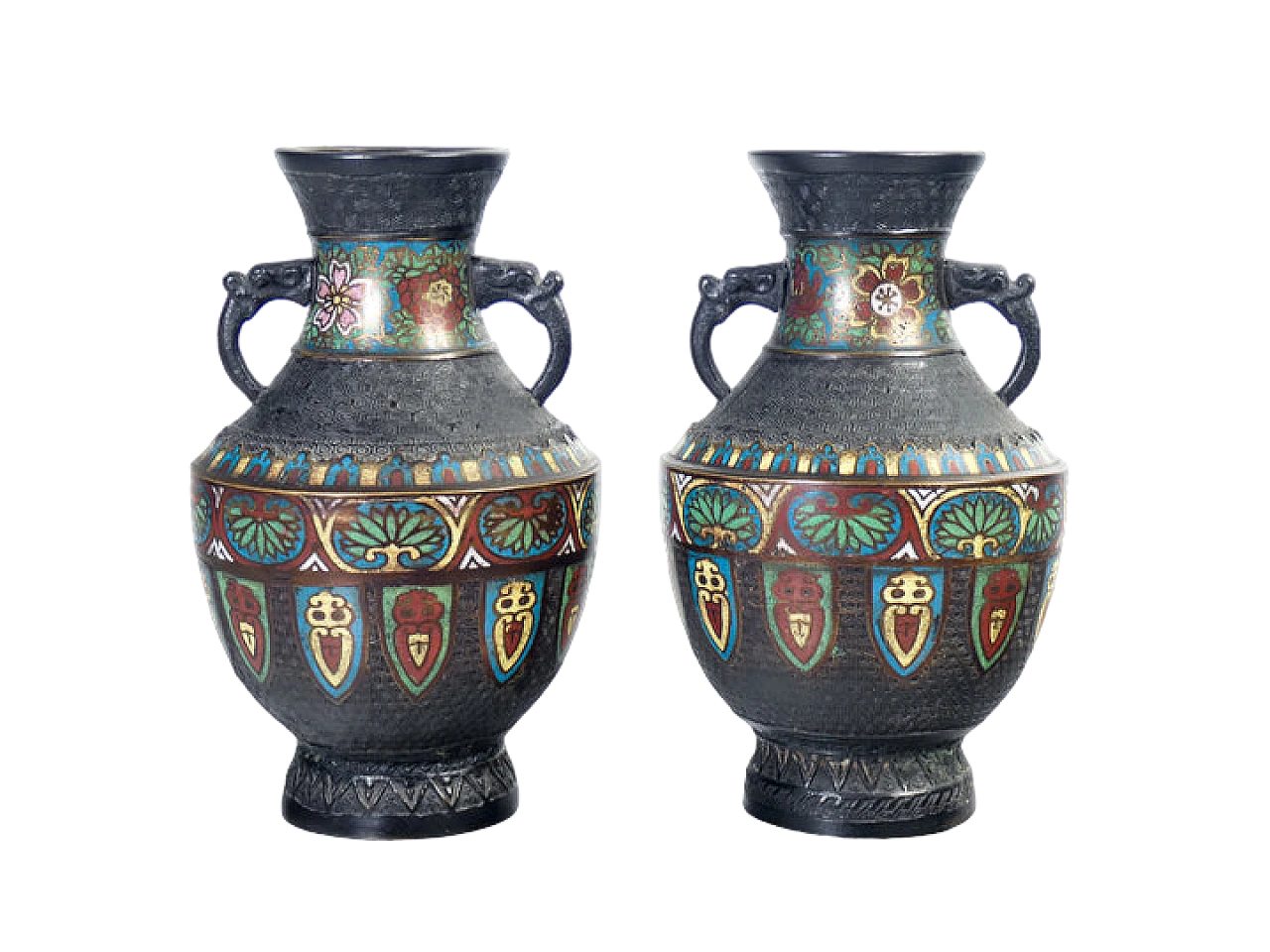 Pair of Japanese bronze and champlevé enamel vases 2