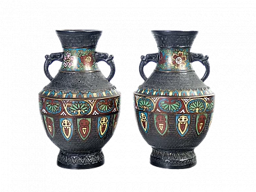 Pair of Japanese bronze and champlevé enamel vases