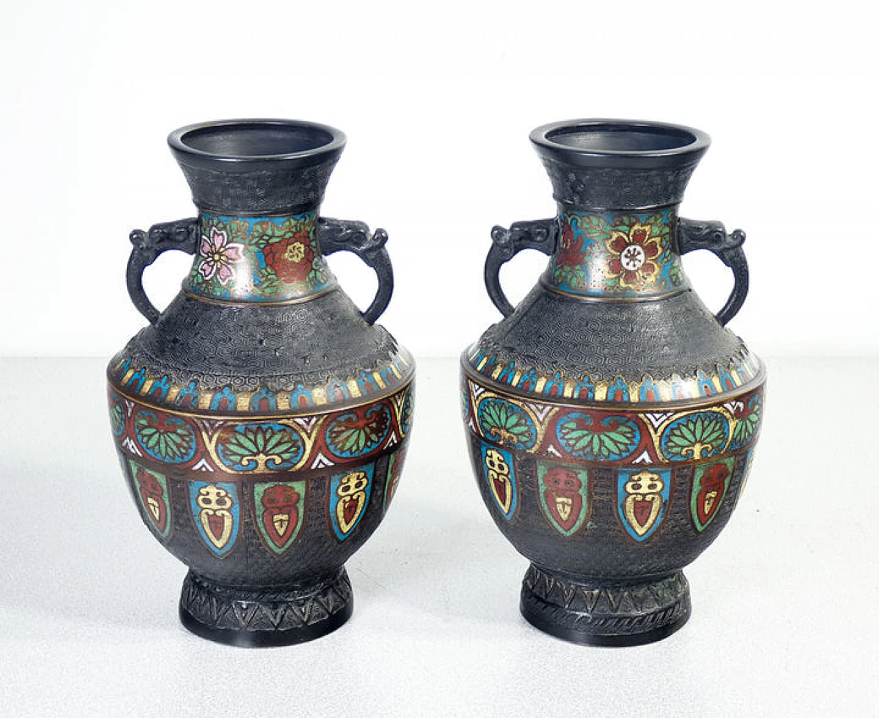 Pair of Japanese bronze and champlevé enamel vases 3