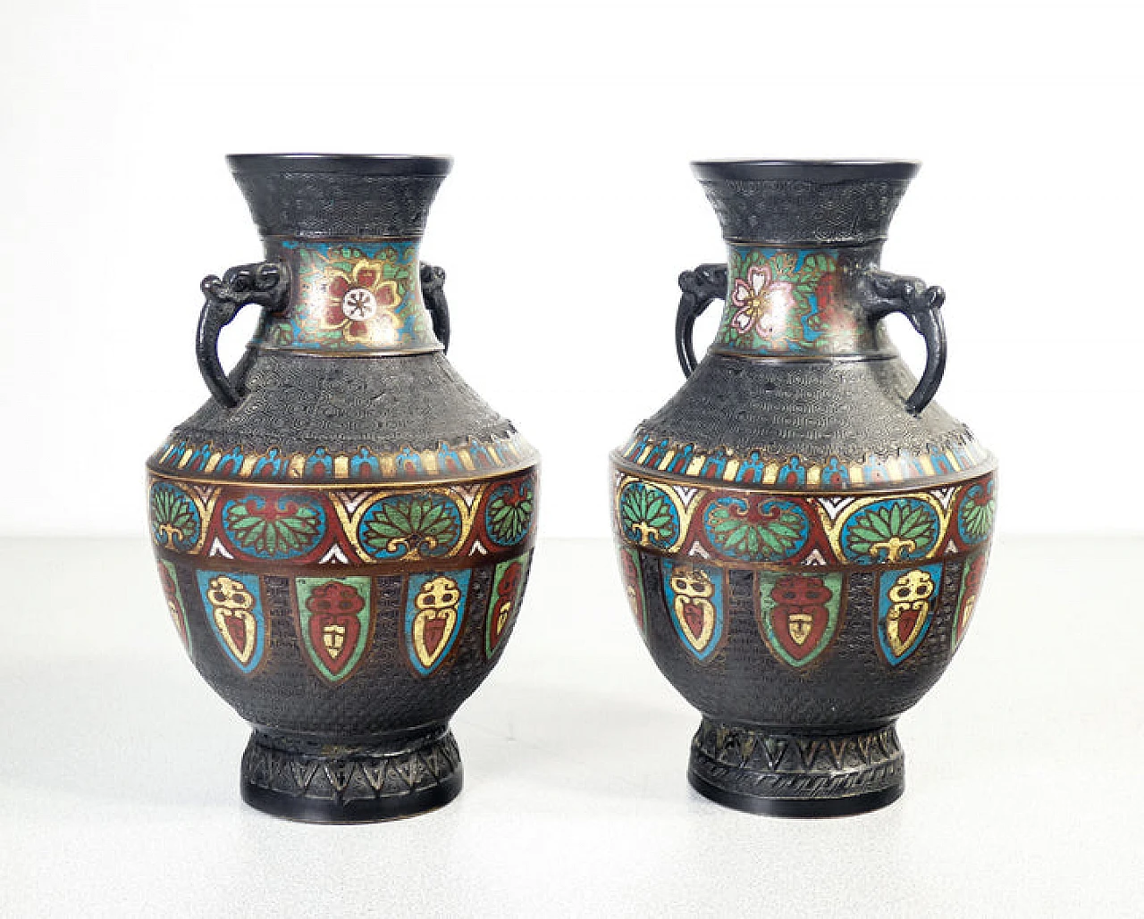 Pair of Japanese bronze and champlevé enamel vases 8