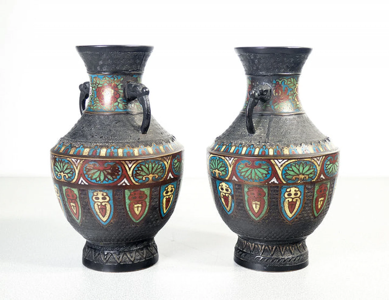 Pair of Japanese bronze and champlevé enamel vases 9