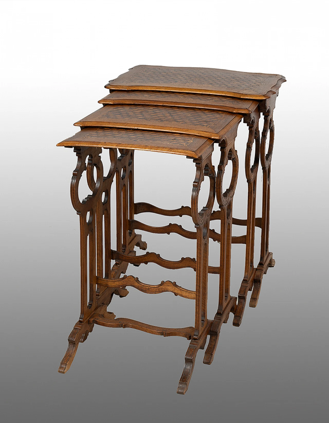 4 Napoleon III walnut side tables with geometric inlays, 19th century 1