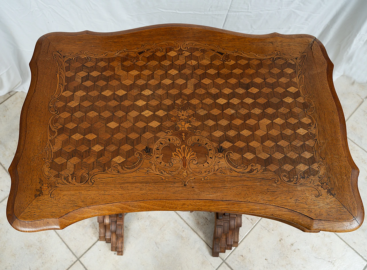 4 Napoleon III walnut side tables with geometric inlays, 19th century 7
