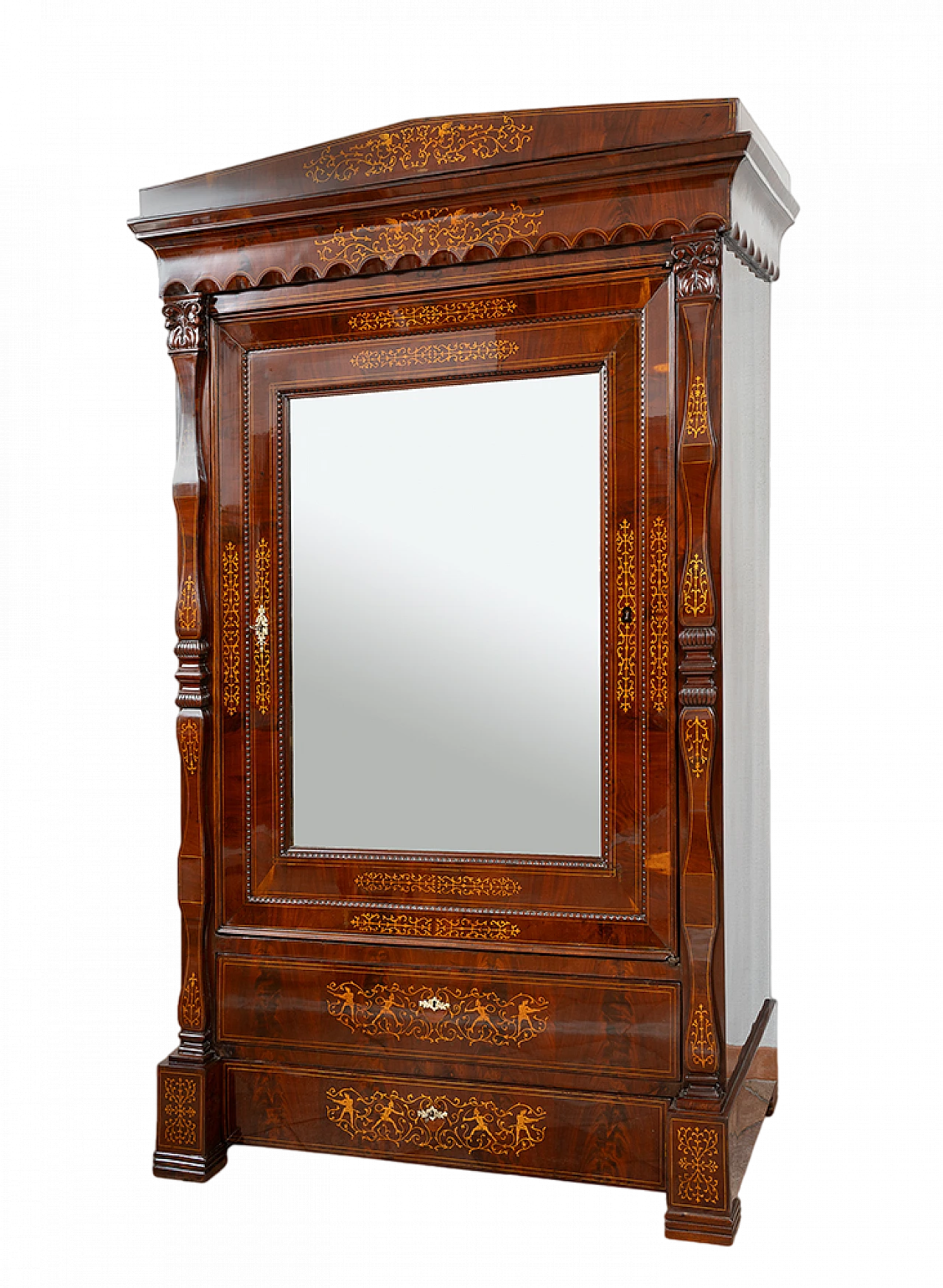 Wardrobe in mahogany and maple with mirror and 2 drawers, 19th century 9