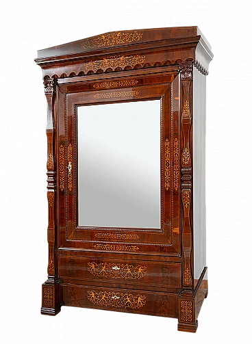 Wardrobe in mahogany and maple with mirror and 2 drawers, 19th century