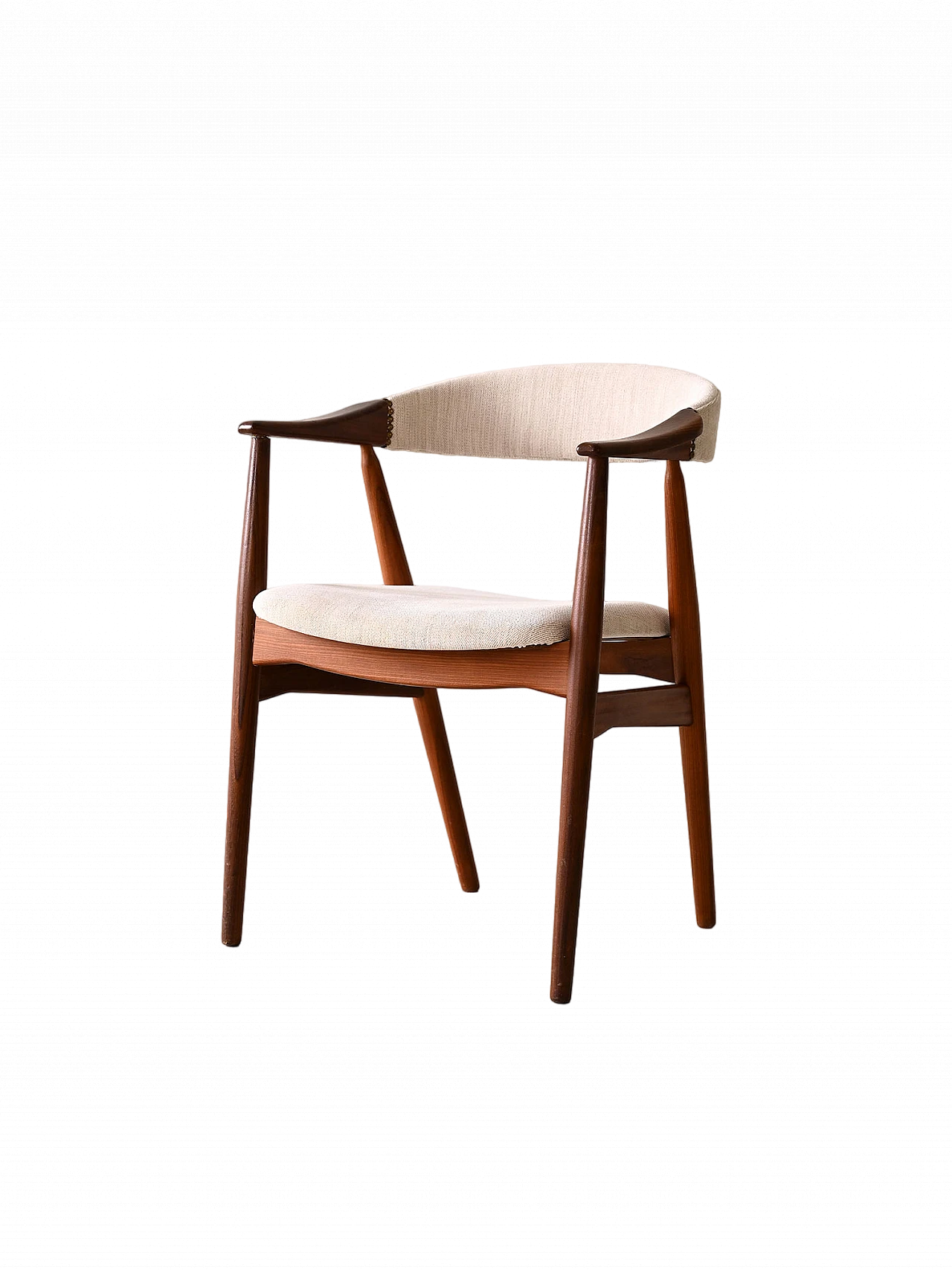Wooden armchair with curved backrest and white fabric, 1960s 9