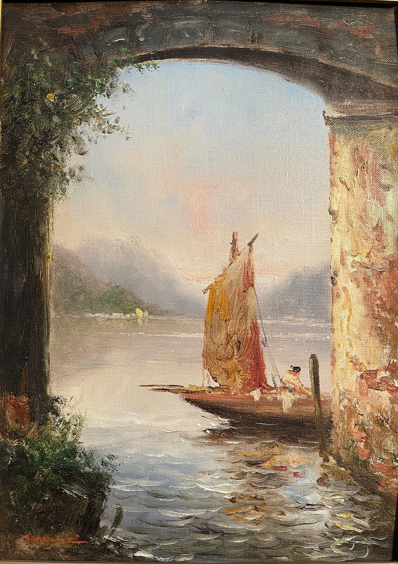 Francesco Mancini, lake glimpse, oil painting on panel, 19th century 1