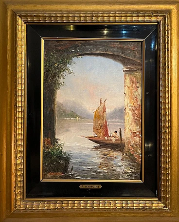 Francesco Mancini, lake glimpse, oil painting on panel, 19th century