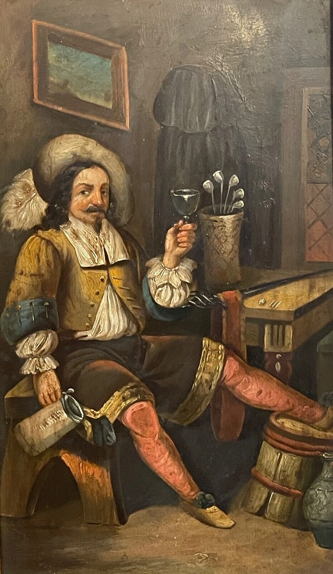 Interior with seated man, oil painting on metal, 18th century 1