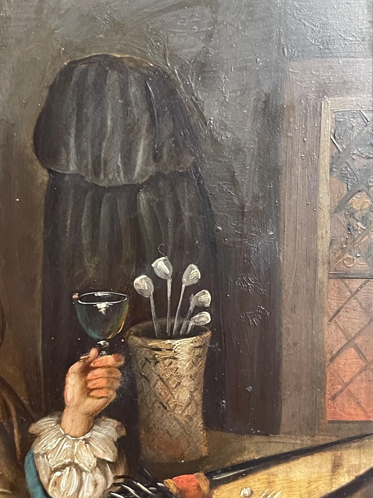 Interior with seated man, oil painting on metal, 18th century 5