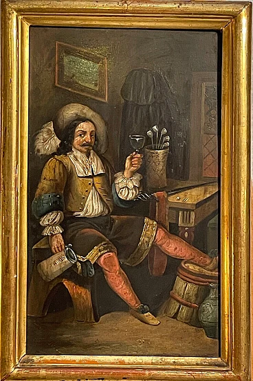 Interior with seated man, oil painting on metal, 18th century