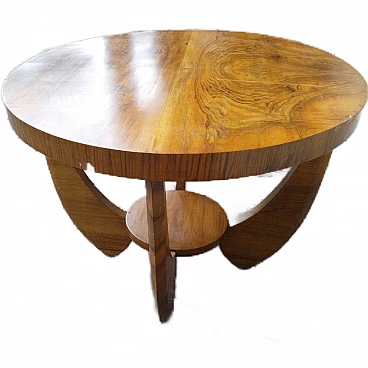 Round coffee table in blond walnut & walnut briar with 4 legs, 1940s