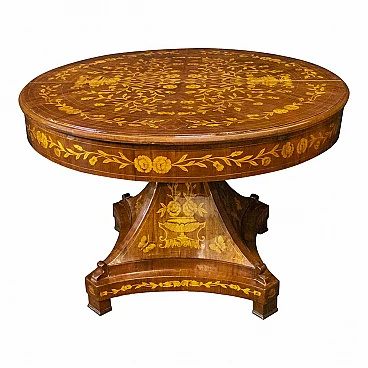 Tavolo circolare in legno intarsiato con allunga, anni '60