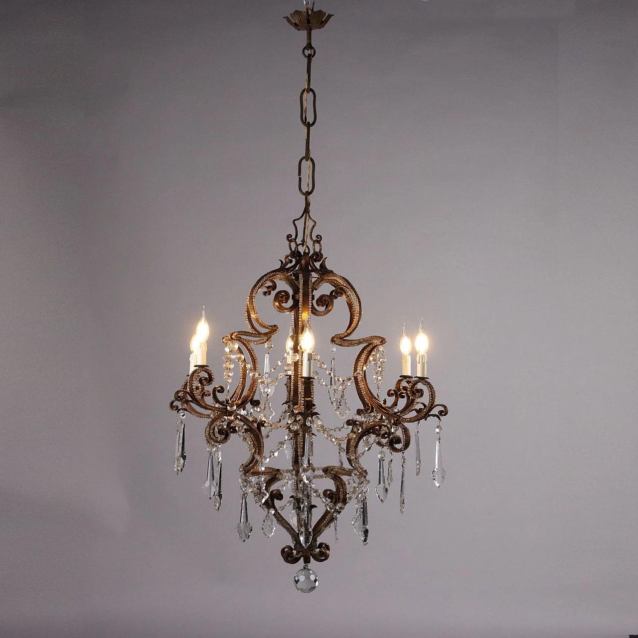 Six-light gilded wrought iron & glass chandelier, 19th century 1