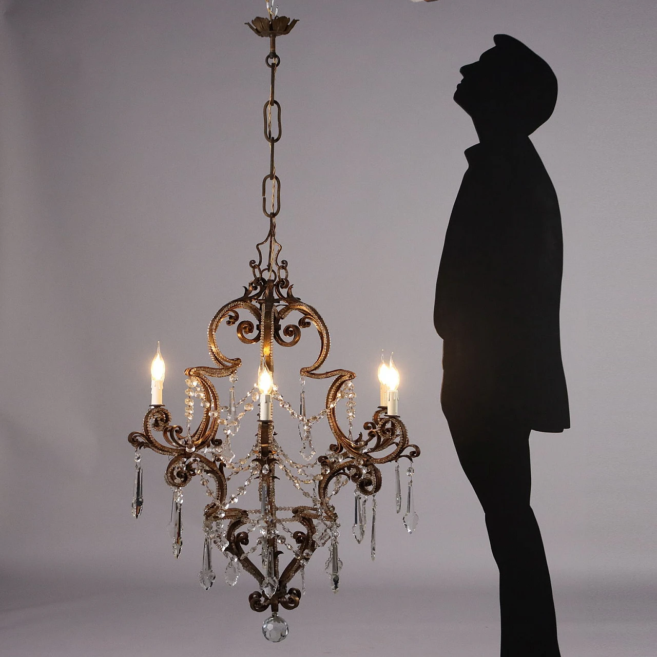 Six-light gilded wrought iron & glass chandelier, 19th century 2