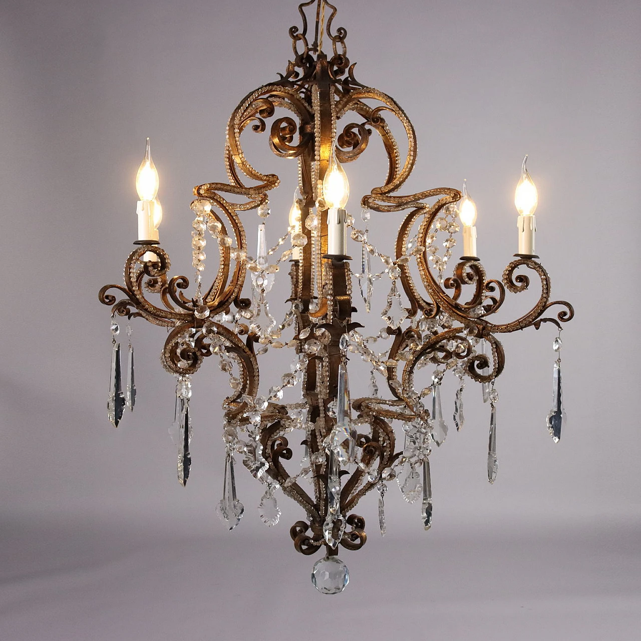 Six-light gilded wrought iron & glass chandelier, 19th century 3