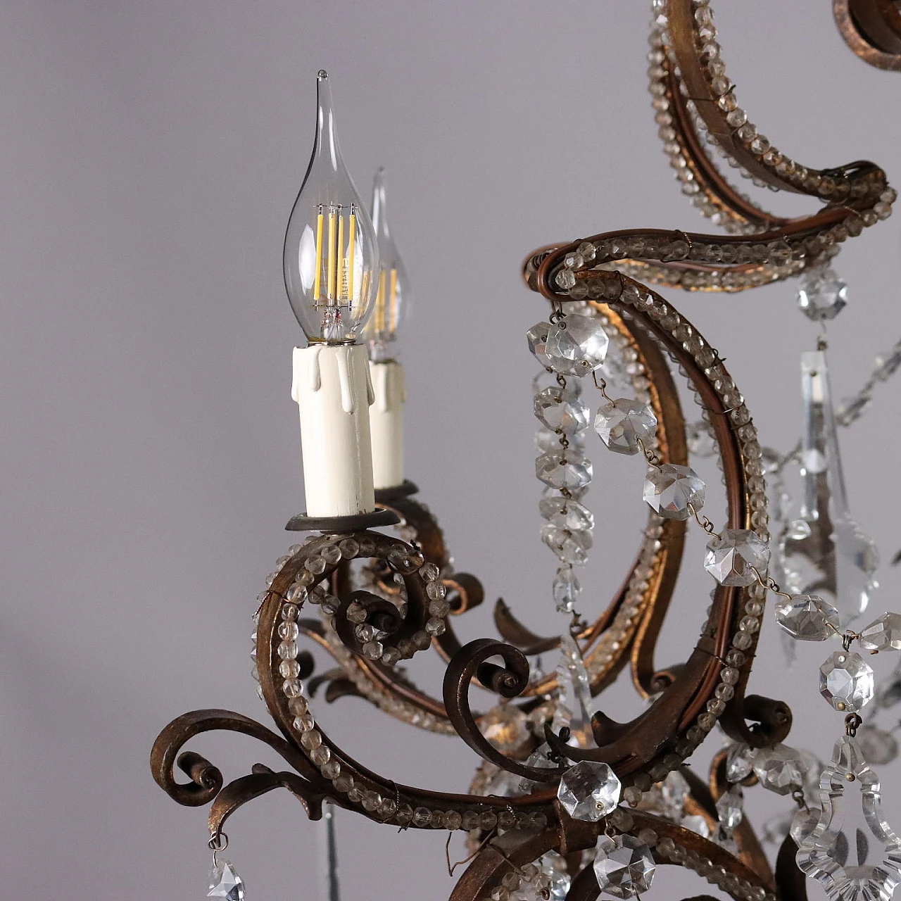 Six-light gilded wrought iron & glass chandelier, 19th century 4