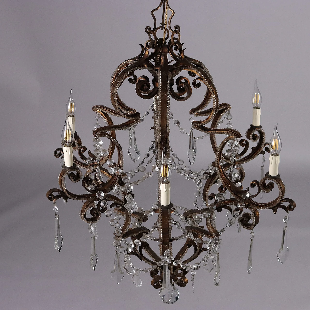 Six-light gilded wrought iron & glass chandelier, 19th century 5