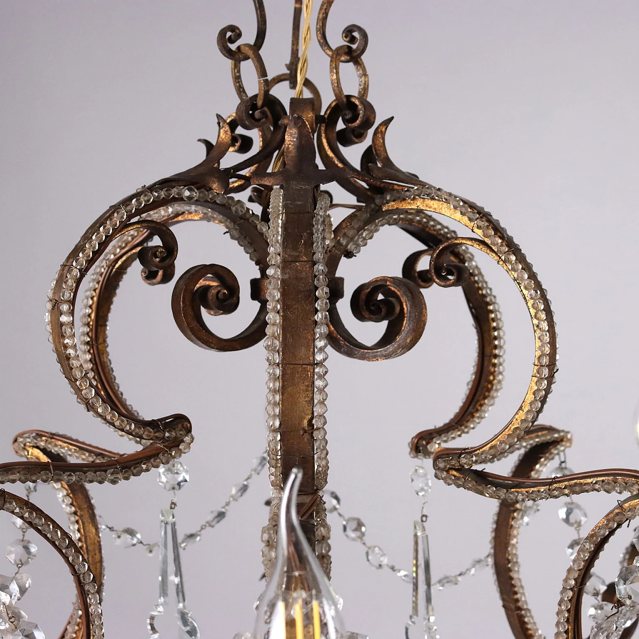 Six-light gilded wrought iron & glass chandelier, 19th century 6