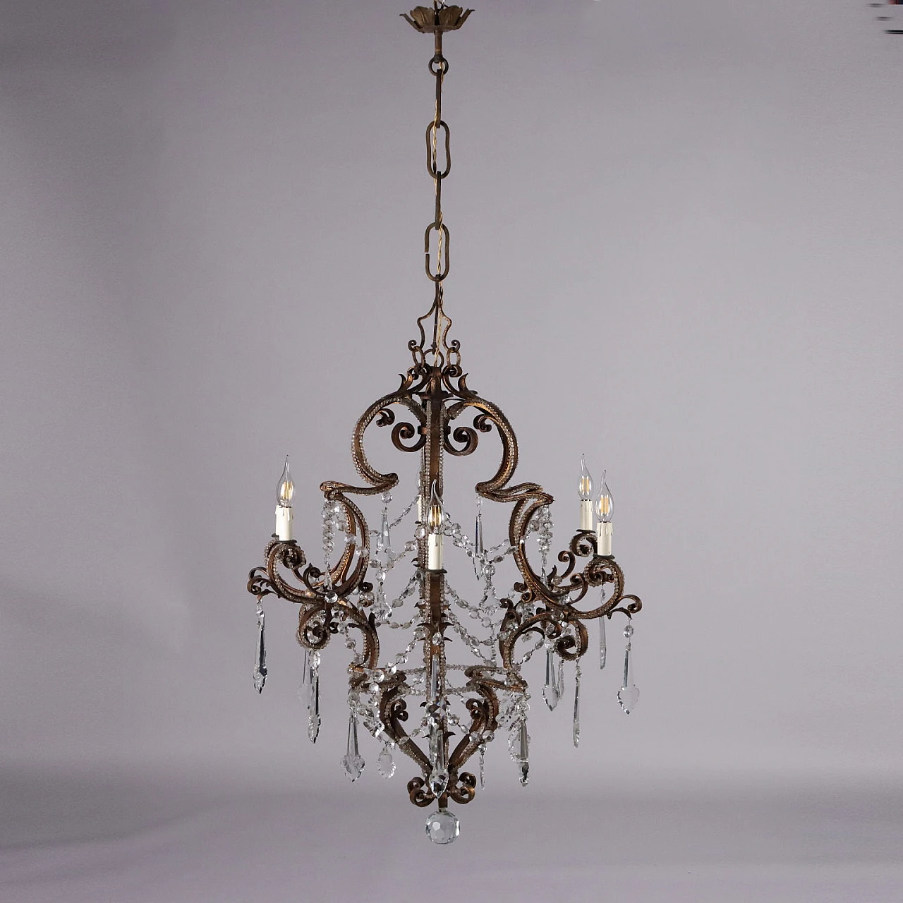 Six-light gilded wrought iron & glass chandelier, 19th century 9