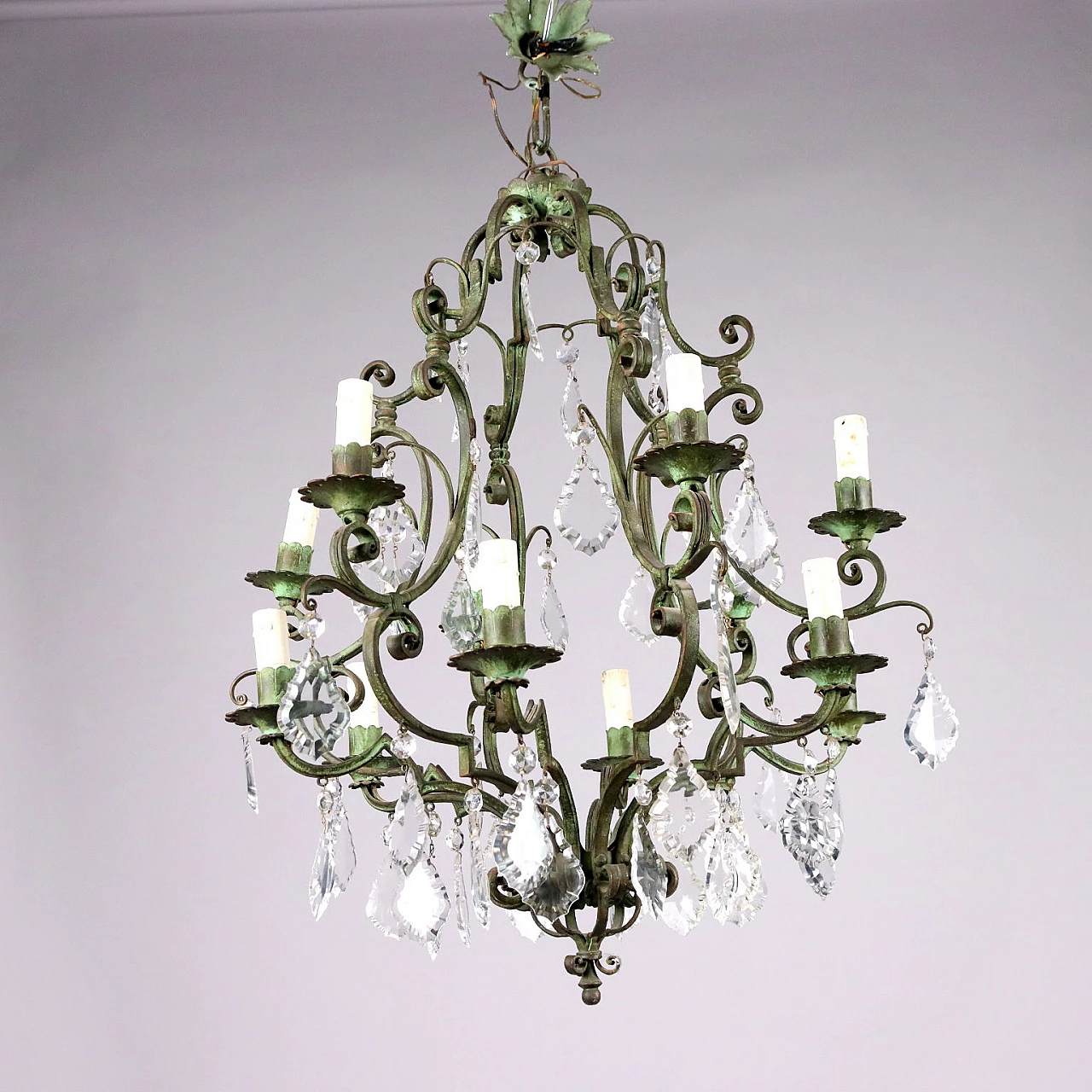 12-Light wrought iron chandelier and glass pendants 7