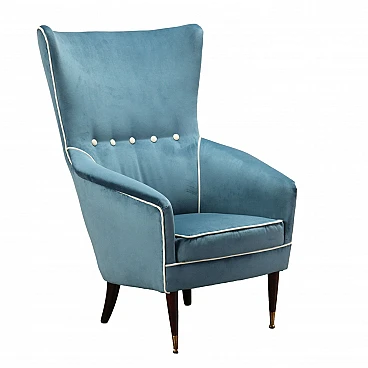 Light blue velvet armchair with wooden legs, 1950s