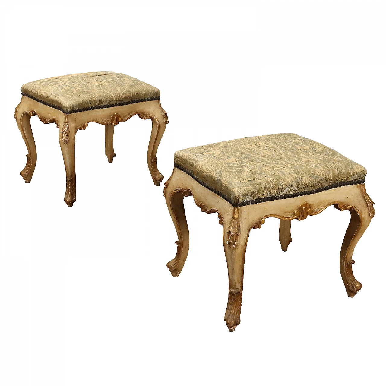 Pair of gilded wood poufs with brocade fabric, 19th century 1