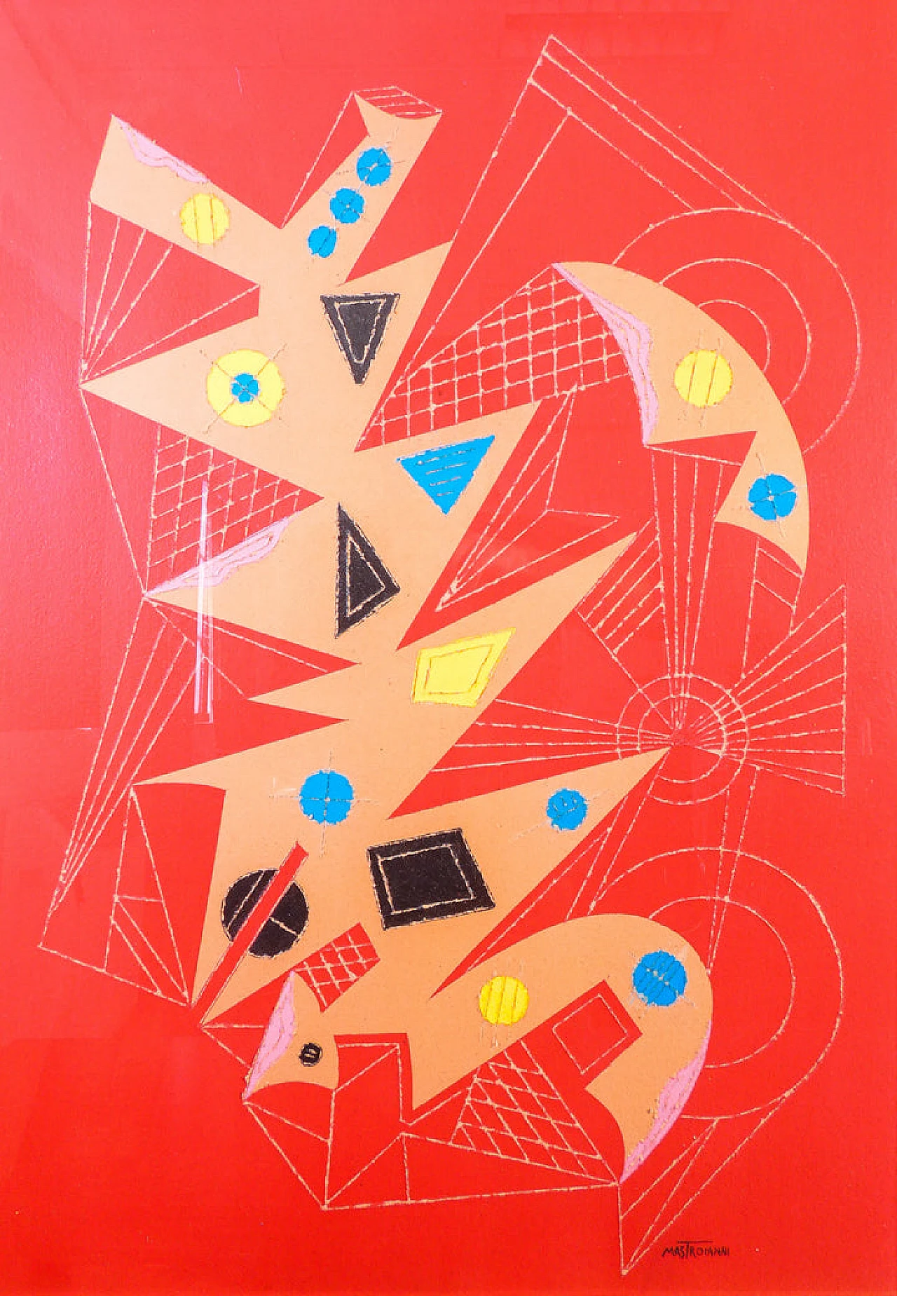 Mastroianni, composizione astratta, dipinto a tecnica mista, anni '70 2