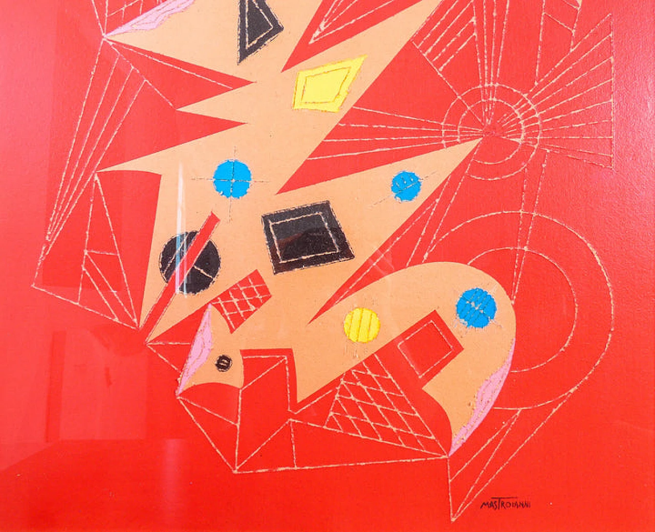 Mastroianni, composizione astratta, dipinto a tecnica mista, anni '70 4