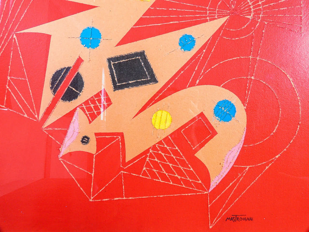 Mastroianni, composizione astratta, dipinto a tecnica mista, anni '70 7