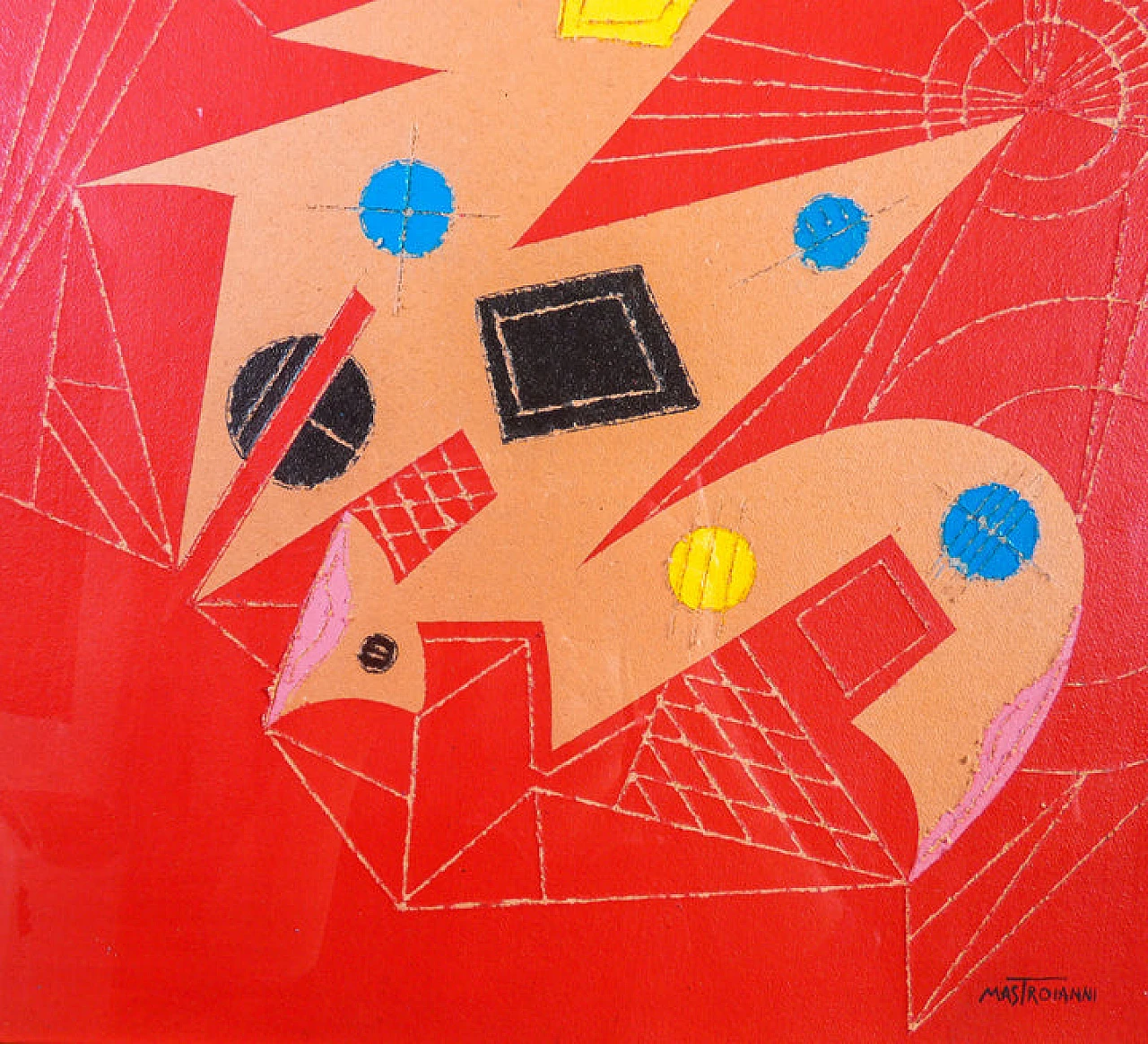 Mastroianni, composizione astratta, dipinto a tecnica mista, anni '70 8