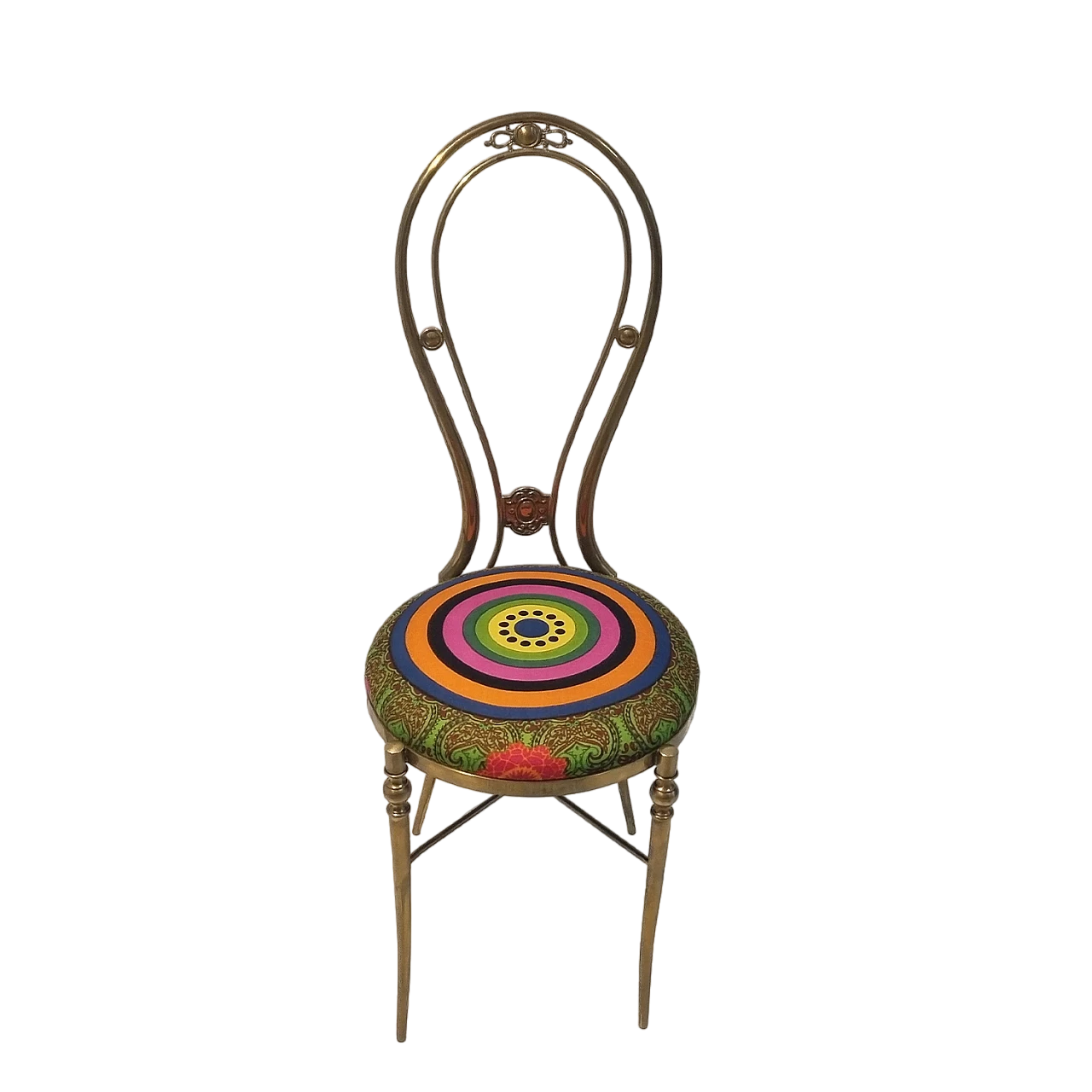 Brass chair with multicolored geometric and floral fabric, 1970s 4