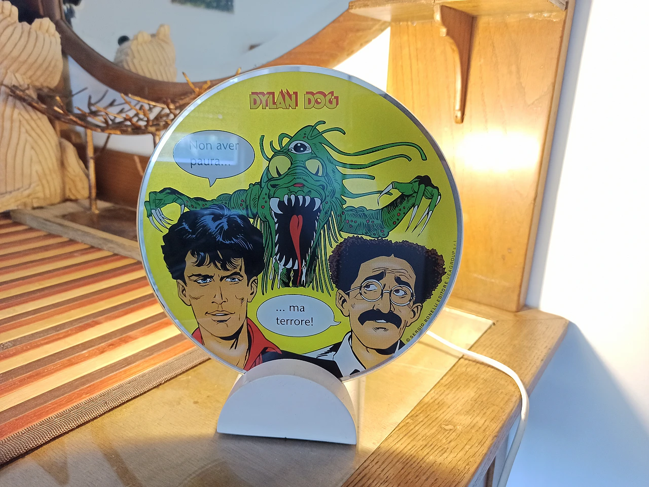 Lampada da tavolo Dylan Dog in legno e vetro di Veagroup, anni '80 3