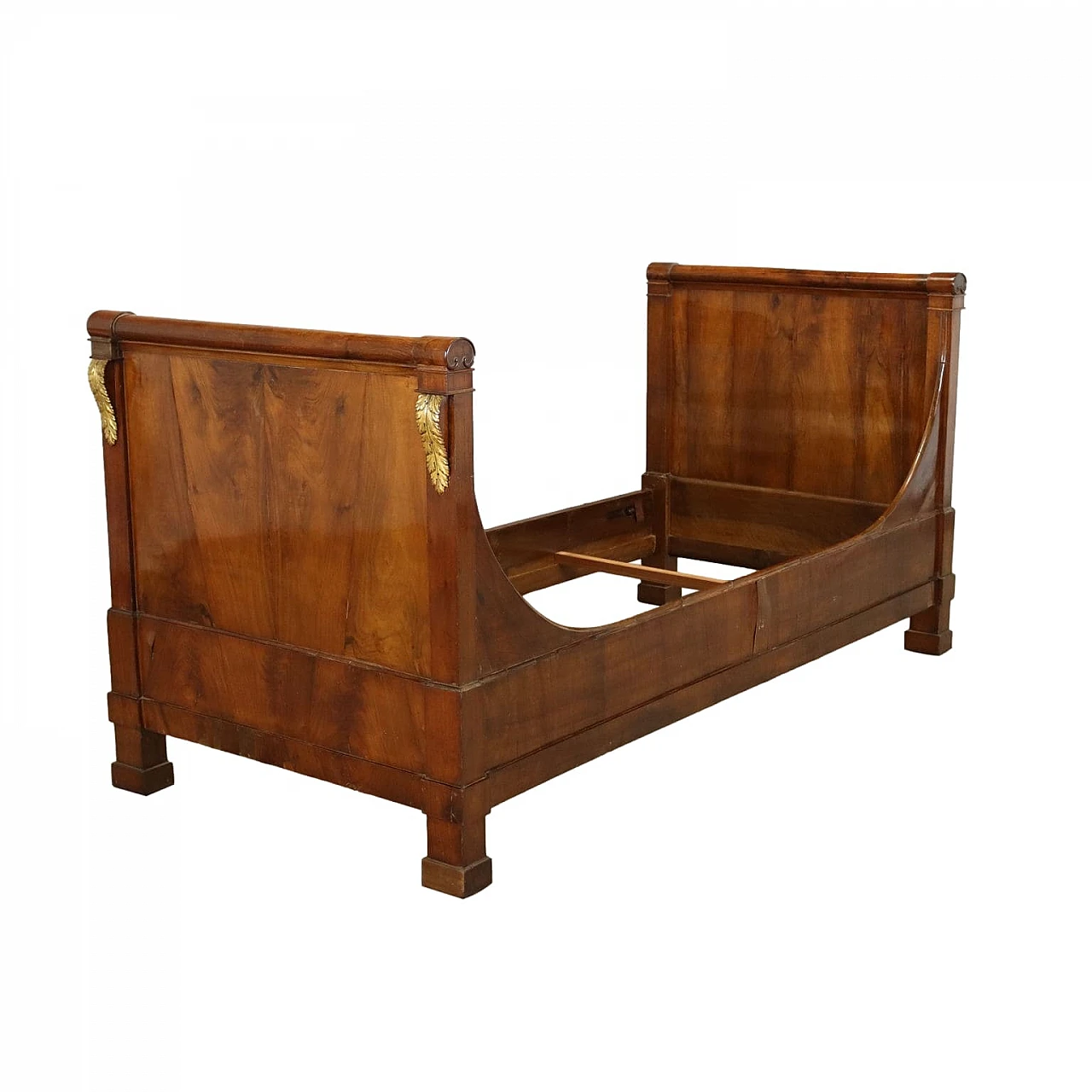 Charles X bed in walnut with carved and gilded elements, 19th century 1
