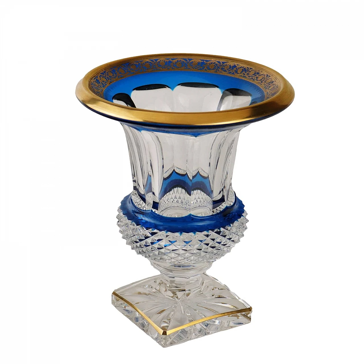 Vaso in cristallo con profili blu e decorazioni oro di St. Louis 1
